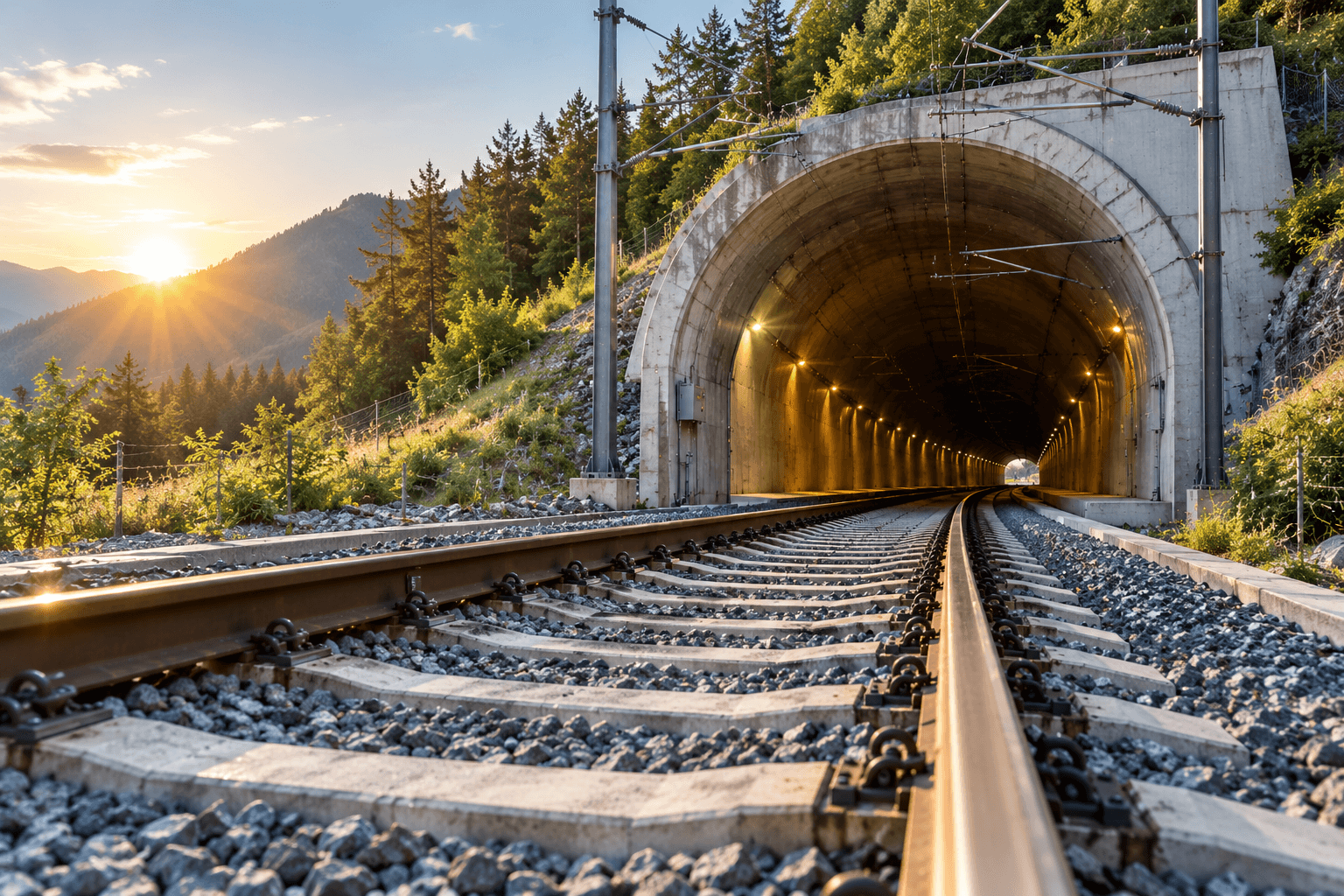 Elektrifizierte Schienenstrecke führt in ein beleuchtetes Tunnelportal, Oberleitungsmasten in bewaldeter Berglandschaft