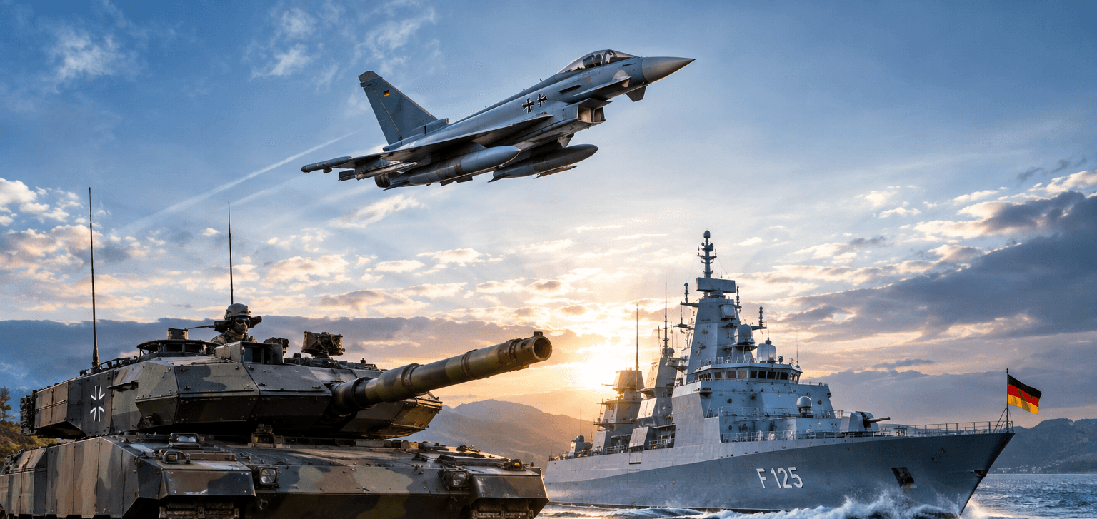 Montage der Bundeswehr-Teilstreitkräfte: Eurofighter, Marinefregatte und Kampfpanzer vor Abendhimmel mit Deutschlandflagge