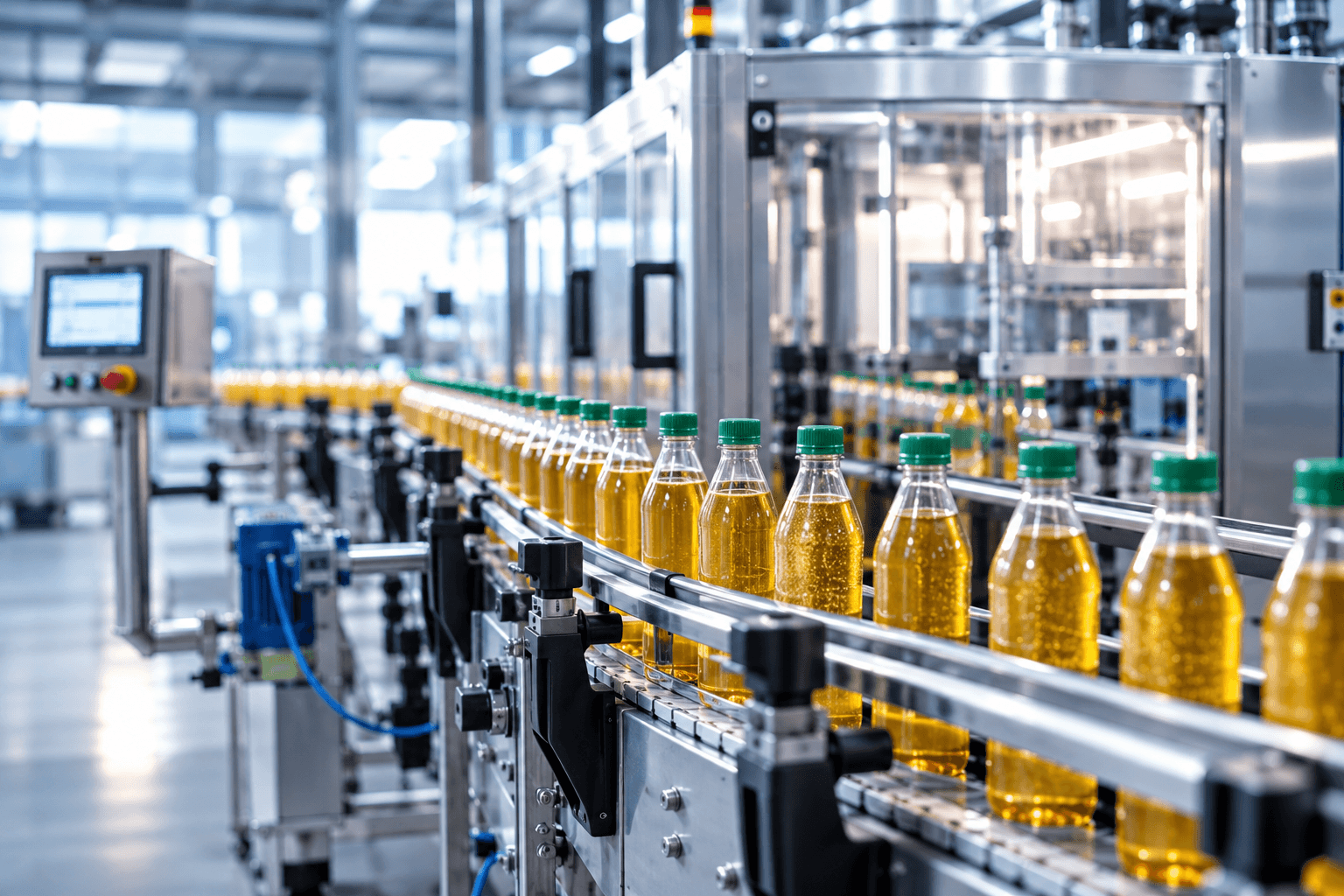 Abfüll- und Verpackungslinie mit Kunststoffflaschen auf dem Förderband in einer Lebensmittelproduktion