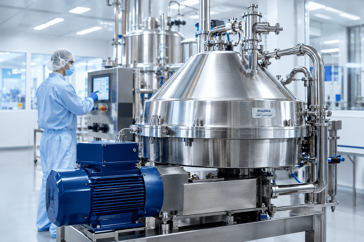 Personen in Reinraumkleidung an einer Edelstahl-Prozessanlage mit Rührbehältern in einer Pharmaproduktion