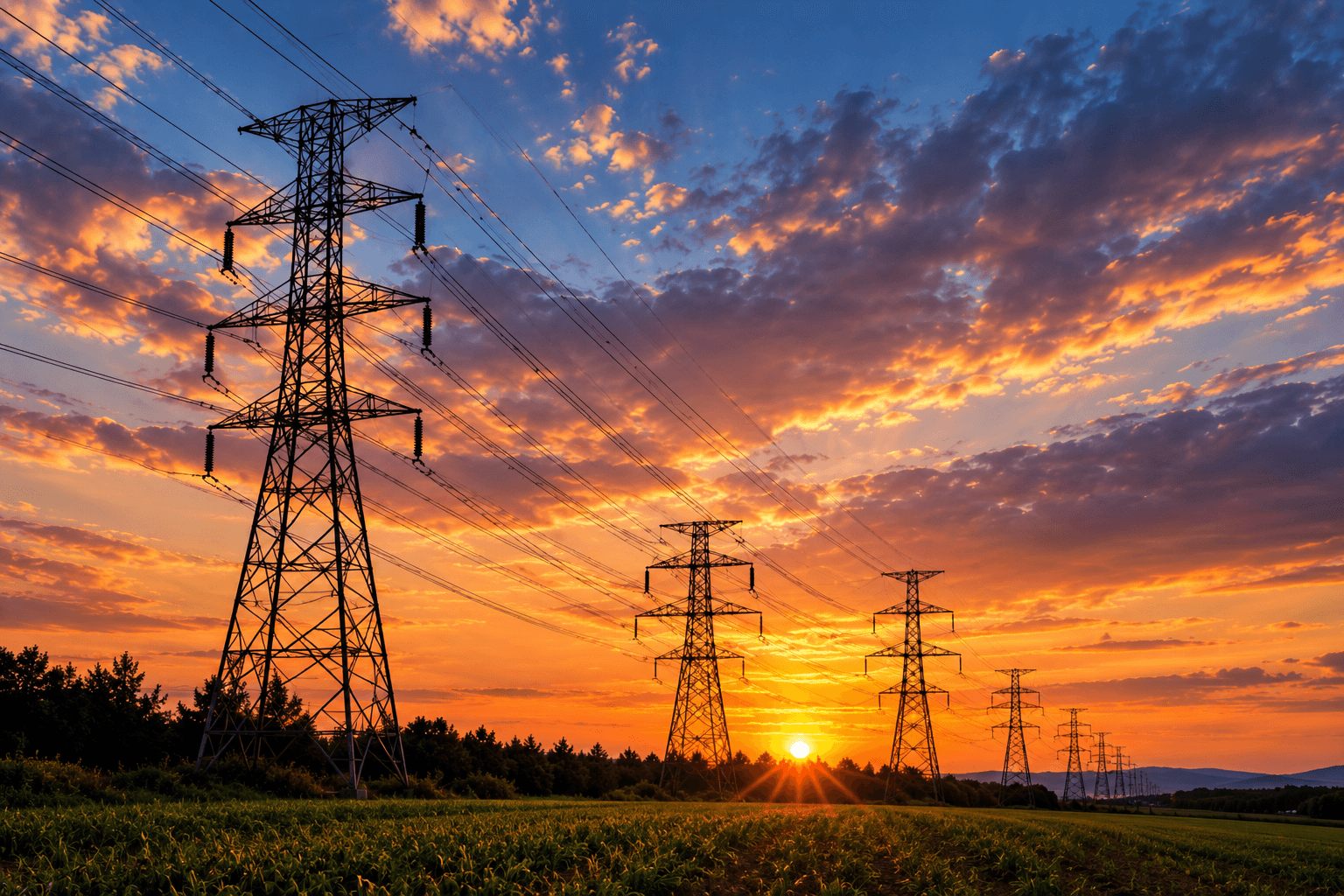 Mehrere Hochspannungsmasten mit Freileitungen über einem Feld, oranger Abendhimmel bei Sonnenuntergang