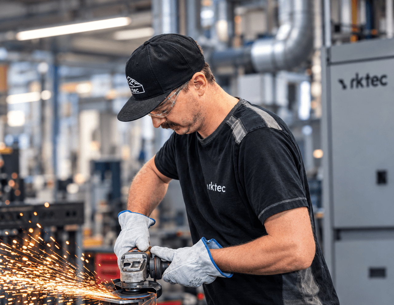 Daniel Schätz von RK-tec entgratet mit dem Winkelschleifer ein Werkstück auf dem 3D-Schweißtisch, Funkenflug